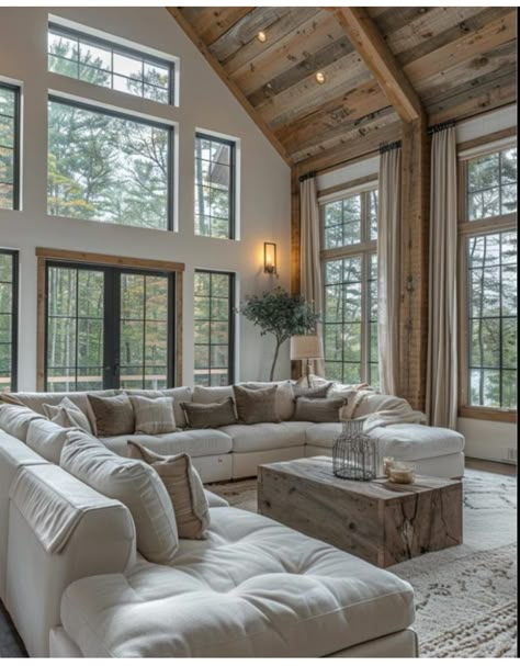 Modern Cabin Interior Design, Modern Cabin Interior, Barn Bedrooms, Barndominium Interior, Cabin Interior Design, Barn Style House Plans, Cabin Living, Christmas Decorations Living Room, Christmas Living Rooms