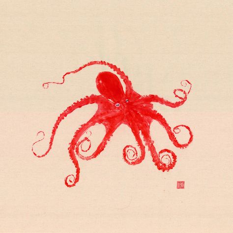 Red Octopus Tattoo, Clown Fish Tattoo, Red Doodles, Aa Tattoos, Fish Prints, Octopus Drawing, Octopus Illustration, Octopus Painting, Sea Drawing