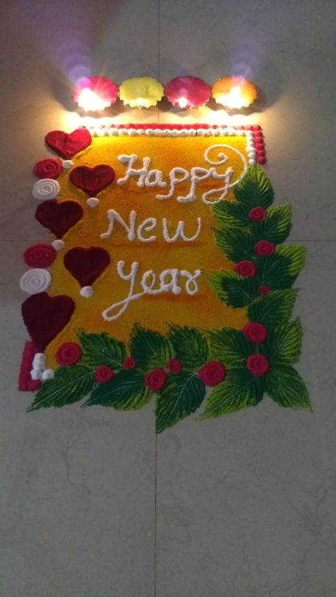 Easy new year rangoli Easy Rangoli Designs For New Year, New Year Special Rangoli Design Latest, Christmas Rangoli Design, Rangoli For New Year, Happy New Year Rangoli, Rangoli Photos, Rangoli Beautiful, New Year Rangoli, Welcome New Year