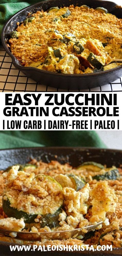 This creamy & "cheese-y" au Gratin style casserole is dairy-free! Fresh zucchini gets baked in a flavorful Whole30 compliant cream sauce and topped with yummy grain-free cracker crumbs! | #paleoishkrista #zucchinirecipes #ketozucchinirecipes #lowcarbcasseroles #whole30easterrecipes #whole30recipes #ketocasseroles #healthycasseroles #vegetarianrecipes #dairyfreeketo #cleanketo #paleorecipes #glutenfreerecipes #glutenfreecasseroles #easywhole30recipes #holidayrecipes #easter #ketorecipes Dairy Free Zucchini Casserole, Zucchini Recipes Dairy Free, Dairy Free Zucchini Recipes, Dairy Free Casserole Recipes, Zucchini Au Gratin, Paleo Zucchini, Zucchini Gratin, Easy Whole 30 Recipes, Paleo Sides