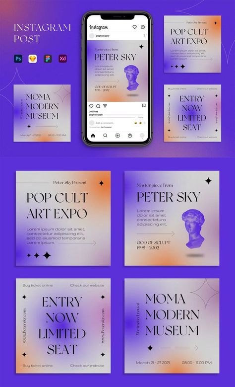 Art Exhibition Expo Instagram Post Templates FIG, PSD, SKETCH, XD Art Exhibition Ideas Poster, Exhibition Instagram Post, Figma Instagram Post, Art Gallery Instagram Feed, Exhibition Social Media Post, Social Post Template, Instagram Event Post Design, Art Gallery Invitation, Pop Up Art Gallery