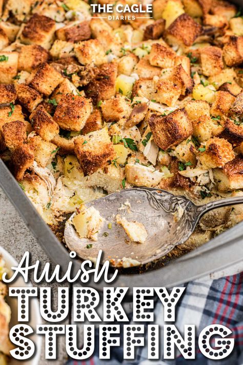 This Amish Turkey Stuffing Recipe is a traditional dish that is usually seen at an Amish Wedding (Pennsylvania Amish) and during the holidays - Thanksgiving and Christmas. Using chicken or turkey, it is mixed with the stuffing mixture - to help stretch the meal further. Amish Turkey Stuffing, Amish Thanksgiving Recipes, Amish Turkey, Amish Stuffing Recipe, Bread Stuffing For Turkey, Quick Christmas Recipes, Turkey Stuffing Recipe, Amish Wedding, Southern Thanksgiving Recipes