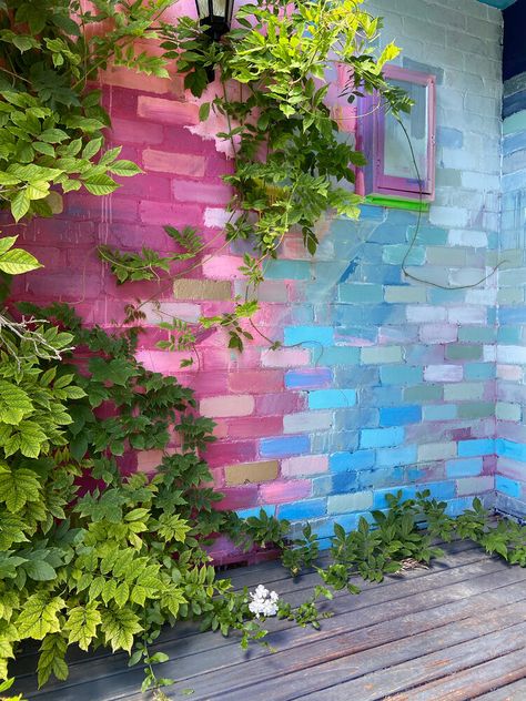 The Last House Standing On The Street — Camille Javal Rainbow Brick Wall, Coloured Brick Wall, Outside Wall Colour, Colorful Brick Wall, Shop Exterior Design Ideas, Mural On House Exterior, Painting Wall Aesthetic, Painting Ideas Garden, Colorful Mural Wall