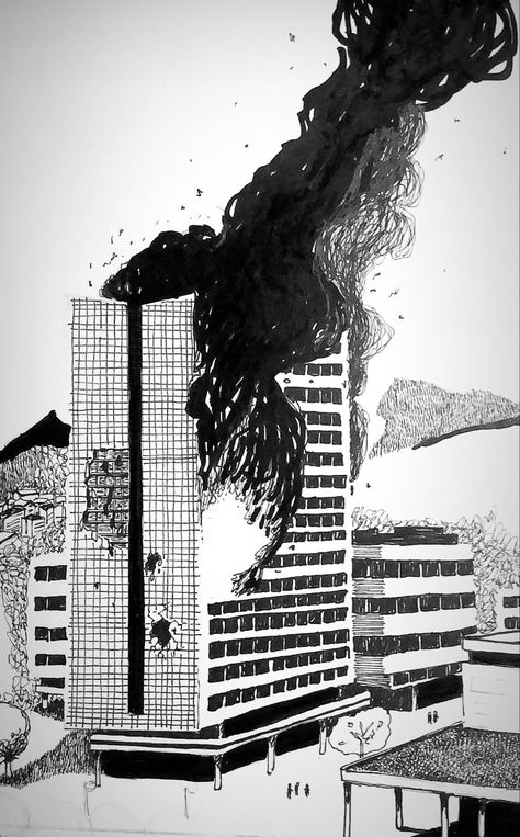 #blacksmoke #building #buildingonfire #fire #comic #comicbook #graphicnovel #doodle #sketching #art #inkt #christofverelst #panel #fire #war City Burning Drawing, City On Fire Illustration, City On Fire Drawing, Building On Fire Drawing, Burning Building Drawing, Burning Building Tattoo, Building Explosion, Terrarium Illustration, Fire Sketch