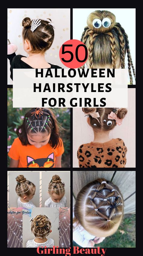 Cute Spooky Hairstyles, Toddler Hairstyles Girl Halloween, Halloween Hairstyles Ideas, Cute Easy Halloween Hairstyles, Fun Kid Hairstyles, Kid Halloween Hairstyles, Spooky Hair Ideas, Crazy Halloween Hair For Kids, Halloween Girl Hairstyles