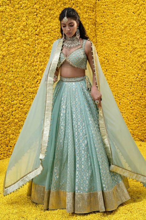 Buy Mahima Mahajan Blue Aashna Banarasi Chanderi Lehenga Set Online | Aza Fashions Blouse With Tassels, Mahima Mahajan, Chikankari Lehenga, Brocade Lehenga, Hand Embroidered Blouse, Indian Wedding Lehenga, Unique Bridesmaid Dresses, Choli Blouse, Lengha Choli