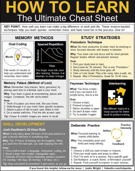 Business Infographics on LinkedIn: How to Learn - The Ultimate Cheat Sheet Credits to Justin Wright, follow… Fast Learning Tips, Capnography Cheat Sheets, Quick Books Cheat Sheets, Fast Learning Techniques, Infographic Cheat Sheet, Productivity Cheat Sheet, Easy Skills To Learn, Aesthetic Infographic Design, Bullet Journal Cheat Sheet