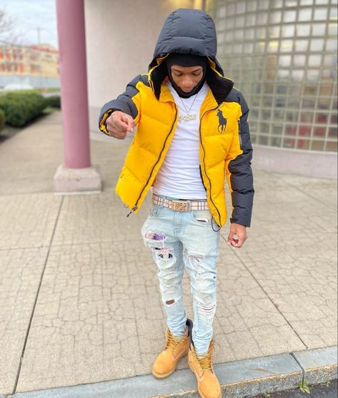 Thanksgiving Outfit Men, Hood Outfits Men, Gang Drip, Timbs Outfit, Hood Outfits, Fashion Men Streetwear, Puffer Fits, Streetwear Fashion Black, Fall Outfits Black