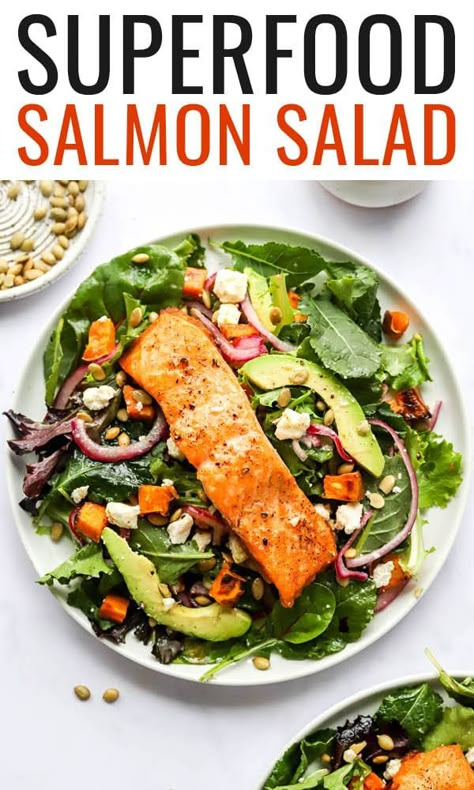 Salmon Superfood Salad, Sweet Potato Salmon Salad, Paleo Salmon Salad, Fall Salmon Salad, Potato Croutons, Protein Salads, Salad With Lemon Vinaigrette, Bird Food Recipes, Salmon Salad Recipes