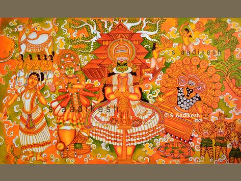 keraleeyam mural | painting | acrylic color on canvas by S Aadikesh Mural Painting On Canvas, Painting In Canvas, Simple Wall Paintings, Mural Art Design, Kerala Mural Painting, Boho Art Drawings, Indian Art Gallery, 3d Art Drawing, Mandala Art Therapy