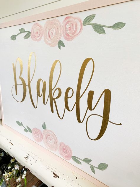 Nursery Name Canvas, Pink Gold Wall, Nursery Name Sign Girl, Painted Name Signs, Preschool Christmas Gifts, Nursery Personalized Wall Art, Girly Nursery, Flower Nursery Decor, Wall Art Flowers