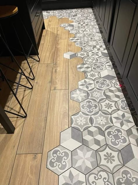 Tile Mixed With Wood Flooring, Hexagon Flooring Kitchen, Tile Meets Wood Floor, Main Floor Design, Tile And Wood Floor, Counter Tops Kitchen, Floor Transitions, Tile To Wood Transition, Small Hallway Ideas