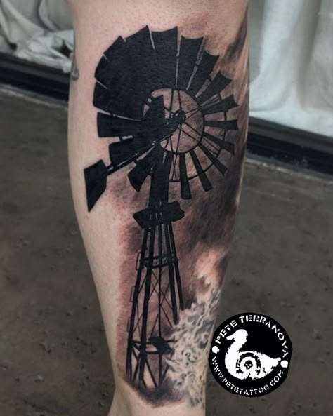 Black and gray windmill tattoo Cattle Tattoo, Windmill Tattoo, Farm Tattoo, Tattoo Horse, Australia Tattoo, Custom Tattoos, Men Tattoos Arm Sleeve, Upper Arm Tattoos, Colorful Elephant