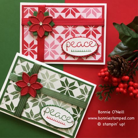 It started back in July and each month I look forward to my Christmas Card Club. It has been so much fun creating holiday cards. This month, the Christmas Card Club features Christmas Quilt Bundle and the products from the Quilted Christmas Suite. Christmas Card Club features Christmas Quilt Bundle: The first card I created with the Christmas Quilt Bundle featured the Quilted Christmas Designer Series Paper Stack. I added the flower from the Quilt Builder Framelits to replace the 'bow' on Christmas Cards 2017, Christmas Cards 2018, Poinsettia Cards, Homemade Christmas Cards, Stampin Up Christmas Cards, Designer Series Paper, Diy Christmas Cards, Christmas Cards To Make, Christmas Quilts