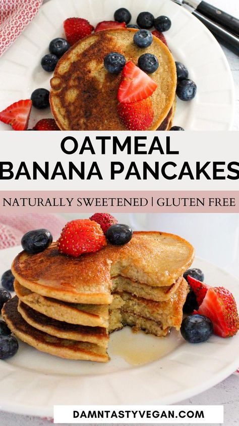 Vegan oatmeal banana pancakes topped with berries on a white plate. Oatmeal Pancakes Vegan, Banana Oatmeal Pancakes Vegan, Banana Pancakes Gluten Free, Oatmeal Banana Pancakes, Vegan Oatmeal Pancakes, Oatmeal Pancakes Easy, Quick Vegan Breakfast, Gluten Free Banana Pancakes, Pancakes Gluten Free