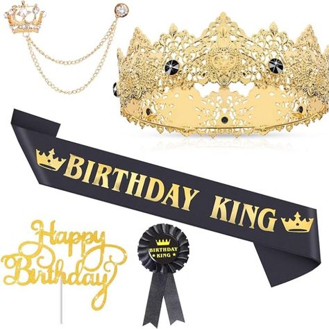 #AD #BDAY #PARTY #KING 5 Pieces Birthday Accessories Include Man Birthday King Crown Birthday King Sash Tinplate Badge Pin Crown Brooch Hanging Chain Men Birthday Crown for Man Birthday Party King Birthday Theme For Men, Golden Bday, Man Birthday Party, Birthday King, 60th Birthday Decorations, King Midas, Crown Birthday, Birthday Accessories, Pin Man