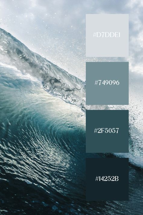 For a blue ocean color palette, envision hues like deep navy blue, serene aquamarine, vibrant azure, tranquil teal, and soft sky blue. These colors evoke the depths and tranquility of the open sea, perfect for creating a calming and expansive atmosphere in designs. Sea Color Palette Ocean, Sea Blue Aesthetic, Sea Color Palette, Paint Color Pallets, Color Scheme Generator, Ocean Color Palette, Silver Color Palette, Color Generator, Sea Colour