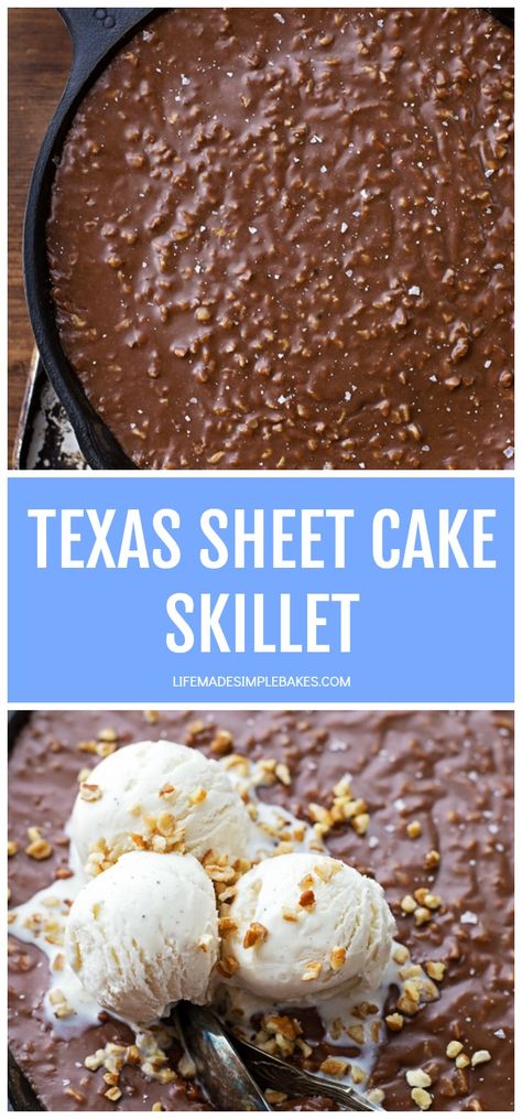 Rich, moist chocolate sheet cake topped with chocolate frosting and toasted pecans. Made in a cast iron skillet in just a little over 30 minutes!! #texassheetcakeskillet #sheetcakeskillet #texassheetcake #chocolatesheetcake #moistchocolatecake Texas Skillet, Texas Chocolate Sheet Cake, Chocolate Sheet Cake Recipe, Chocolate Desert, Skillet Desserts, Skillet Brownie, Skillet Cake, Texas Sheet, Iron Skillet Recipes