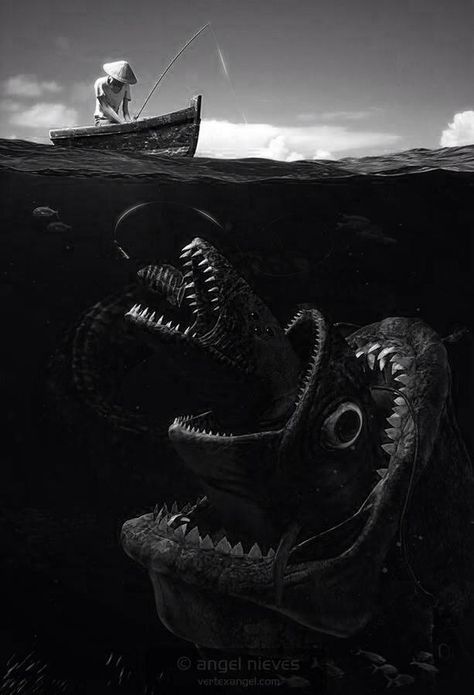 Deep Sea Sea Kingdom, Scary Sea Creatures, Scary Fish, Sea Monster Art, Scary Ocean, Nightmare Fuel, Ocean Drawing, Sea Drawing, Ocean Images