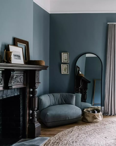 Blue House Paint, Dark Blue Wall Color Paint Colours, Tone On Tone Living Room, Blue And Black Interior, Two Toned Wall Paint, Grey Blue Walls, Porters Paints Colors Interiors, Blue Painted Room, Slate Blue Living Room