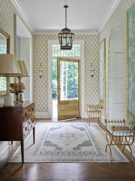 Eclectic Foyer Entryway, Entry Wall Wall Decor, Grandmillenial Entry, Traditional New Build House, Entry Foyer Rug, Entry Hall Wallpaper, Wallpaper Front Entry, Southern Foyer, Wallpaper Entryway Foyers York