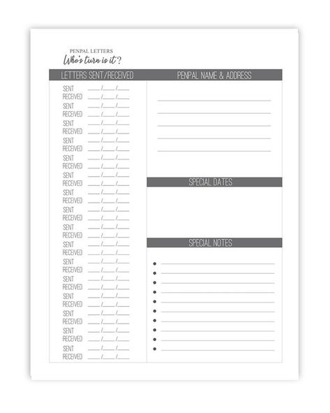 Penpal Tracker Printable, Penpal Tracker, Pen Pal Tracker, Snail Mail Printables, Penpal Ideas, Penpal Letters, Free Calendars, Snail Mail Pen Pals, Writing Paper Printable Stationery