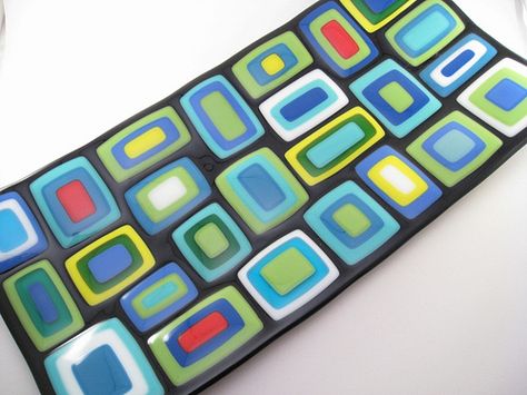 Stacked squares on black Rectangle Plate, Sushi Tray, Fused Glass Artist, Rectangle Plates, Slumped Glass, Fused Glass Bowl, Fused Glass Plates, Glass Fusion Ideas, Fused Glass Ornaments