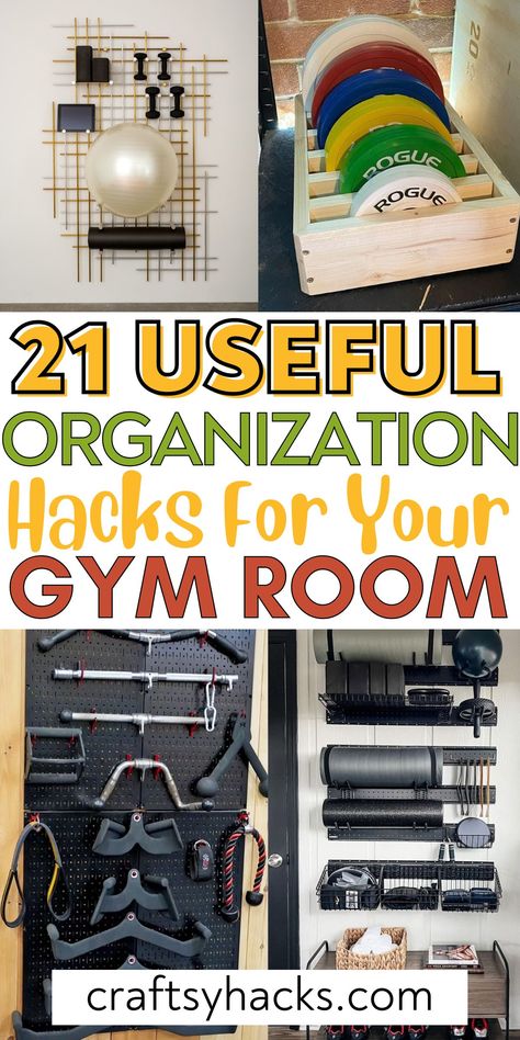 Improve your workout routine with these essential home gym organization tips! Use space-saving solutions like vertical storage and labeled bins to streamline your exercise area. A well-organized gym will also give you the fitness motivation you need! Exercise Room Organization Ideas, Gym Home Organization, Workout Closet Ideas, Gym Racks Storage, Gym Attachment Storage, Home Workout Area Ideas, Organizing Weights At Home, Gym Accessories Storage, Gym Cubbies Storage