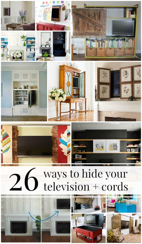 26 Ways to Cut Visual Clutter and Hide Your Television, Electronics, and Cords @Remodelaholic Hiding Tv Cords On Wall, Hide Cords On Wall, Hide Tv Cords, Hide Tv, Decor Around Tv, Visual Clutter, Tv Cords, Tv Built In, Hide Cords