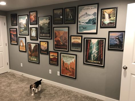 National Park Collage Wall Gallery Wall Uniform, National Park Room Ideas, Masculine Collage Wall, National Park Bathroom, National Park Themed Guest Room, Wall Collage Frames Ideas, National Parks Gallery Wall, National Park Living Room Decor, National Park Posters Wall