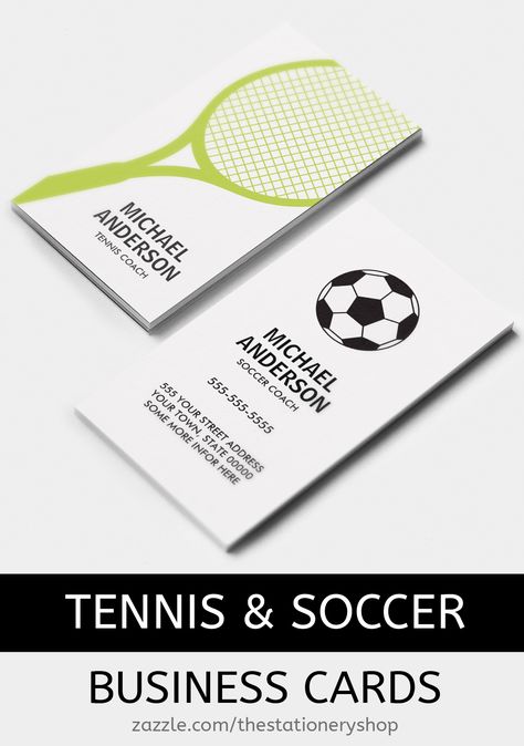 Tennis and soccer coach business cards. Modern, minimal design with tennis racket and soccer ball. Would also be great for a player. Sports business cards Business Cards Modern, Soccer Coach, Soccer Coaching, Sports Business, Professional Business Cards, Be Great, Tennis Racket, Soccer Ball, Minimal Design