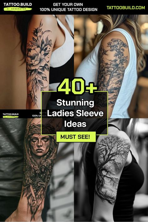 Unique Ladies Sleeve Tattoo Inspiration Discover Feminine Ink Ideas Women’s 3/4 Sleeve Tattoo, Womens Half Sleeve Tattoo Upper Arm, Sleeve Tats For Women, Three Quarter Sleeve Tattoo, Ladies Sleeve Tattoo, Best Sleeve Tattoos For Women Beautiful, Ladies Sleeve Tattoo Ideas, Feminine Sleeve Tattoo Ideas, Tattoo Ideas Female Sleeve Unique