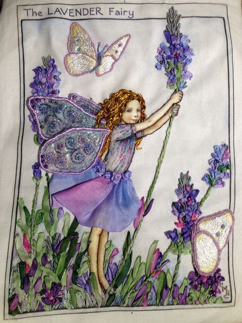 Lavender flower fairy, hand embroidery, stump work.  Silk ribbons, threads and beads. Trapunto.  Di Van Niekerk flower fairy design. Embroidered Cottage, Fairies Embroidery Designs, Fairy Embroidery, Stump Work, Van Niekerk, Fairy Design, Embroidery Ribbon, Handmade Tablecloth, Fairy Artwork