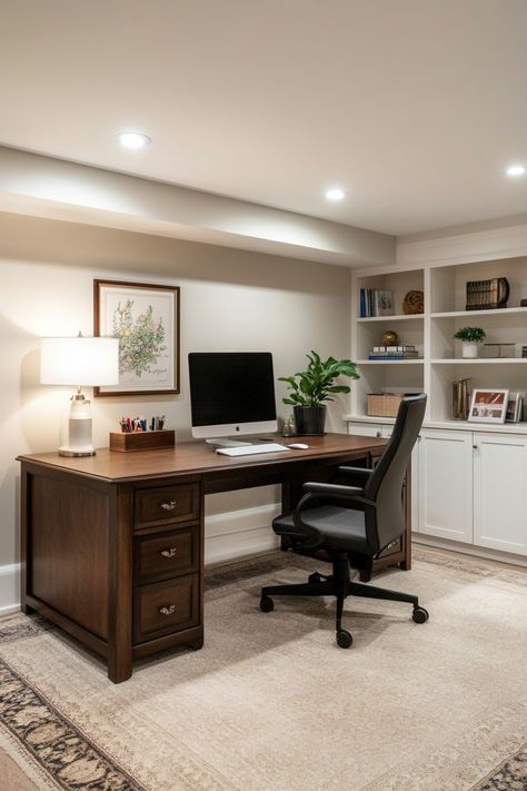 Some Thoughts On Basement Makeovers – Everyday Inspo Office Space In Living Room Ideas, Basement Desk Area, Home Office In Basement, Basement Office Ideas No Windows, Office Home Ideas, Basement Office Ideas, Home Office Basement, Rooms For Kids, Ideas For Basement