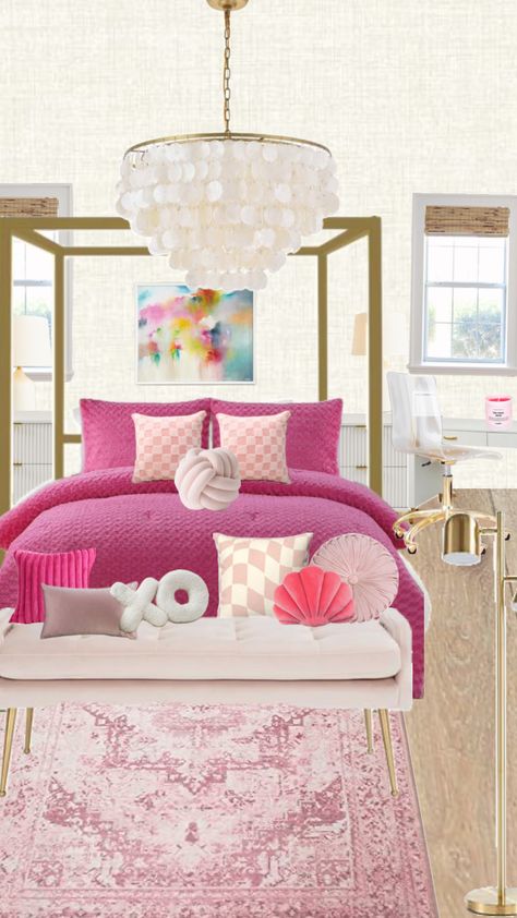 Comment more room ideas!!!🩷🌅🌊🩵 Preppy Canopy Bed, White And Hot Pink Bedroom, Hot Pink Room Ideas, Baby Boy Nursery Room Ideas, Hot Pink Room, Nursery Room Ideas, Preppy Decor, Preppy Bedroom, Christmas Decorating Ideas