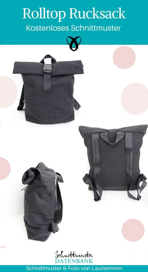 Rolltop Rucksack Backpack Tasche kostenlose Schnittmuster Gratis-Nähanleitung Backpack Pattern Sewing, Sewing Christmas Gifts, Rolltop Backpack, Leather Bag Pattern, Diy Backpack, Modern Bag, Backpack Pattern, Sewing Tutorials Free, Beginner Sewing Projects Easy