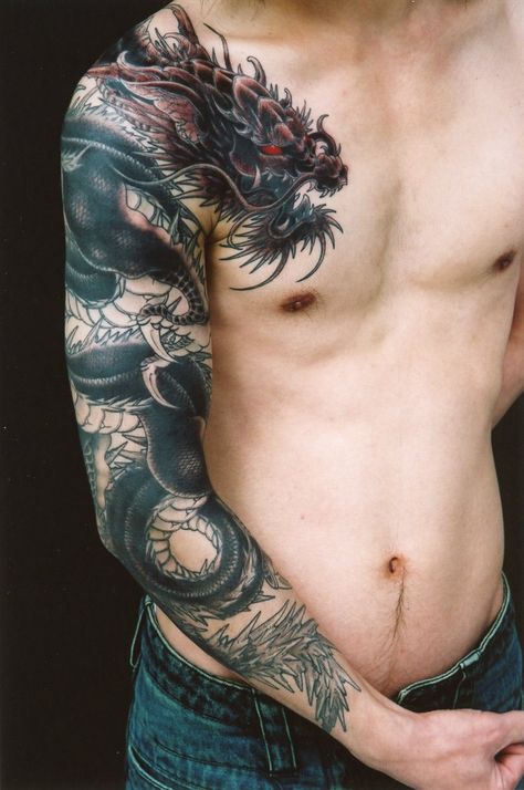 Dragon tattoos for men can symbolize greed, power, duality, intellect… 3d Dragon Tattoo, Geisha Tattoos, Black Dragon Tattoo, Dragon Tattoo Arm, Dragon Tattoos For Men, Dragon Sleeve, Filipino Tattoos, Dragon Sleeve Tattoos, Men Tattoos