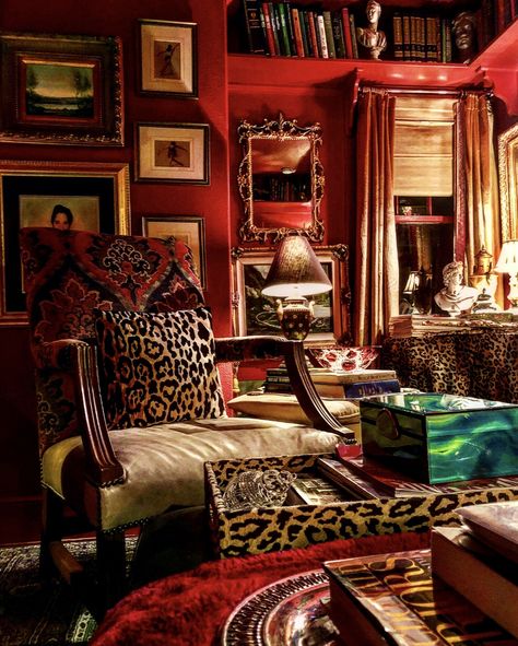 Red Maximalist Bedroom, Gucci Living Room, Maxamilist Interior, Decadent Bedroom, Maximalist Office, Moody Maximalism, Tony Duquette, Maximalist Interior, Home Security Camera