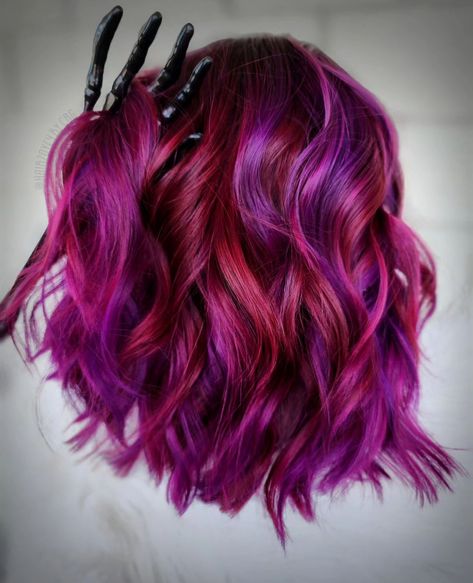 Red Pink And Purple Hair, Purple And Red Hair Ombre, Magenta And Purple Hair, Purple And Magenta Hair Highlights, Purple And Red Hair, Red And Purple Hair, Pink And Purple Hair, Red Purple Hair Burgundy Magenta, Vibrant Red Purple Hair