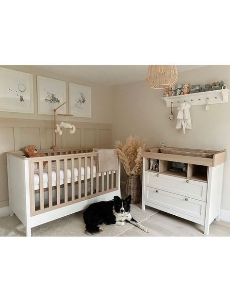 Nursery Ideas With Grey Carpet, Grey Panelling Nursery, Nursery In Bedroom Ideas, Elephants Breath Nursery, Cosy Nursery Ideas, Neutral Nursery Panelling, Panelling In Nursery, Box Room Nursery Ideas, Panelled Nursery