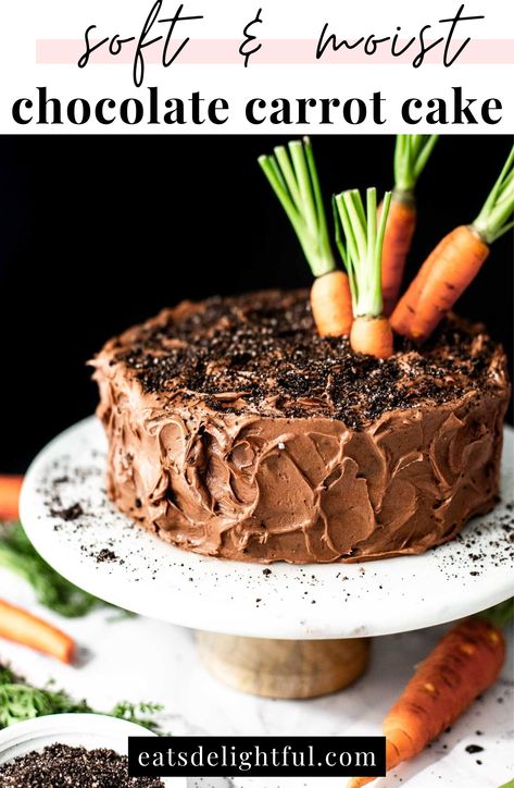 frosted chocolate carrot cake decorated with cookie soil and carrot tops on cake stand Chocolate Carrot Cake, Chocolate Cream Cheese Frosting, Chocolate Bundt Cake, Rich Chocolate Cake, Chocolate Cream Cheese, Cream Cheese Spreads, Best Chocolate Cake, Digestive Biscuits, Carrot Cake Recipe