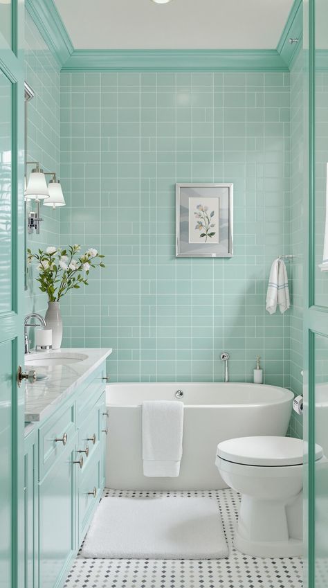 Green Bathroom Decor Green Bathroom Decor Ideas, Green Bathroom Inspiration, Green Bathrooms Inspiration, Mint Green Bathroom, Blue Green Bathroom, Mint Green Bathrooms, Blue Green Bathrooms, Mint Tone, Green Bathroom Decor