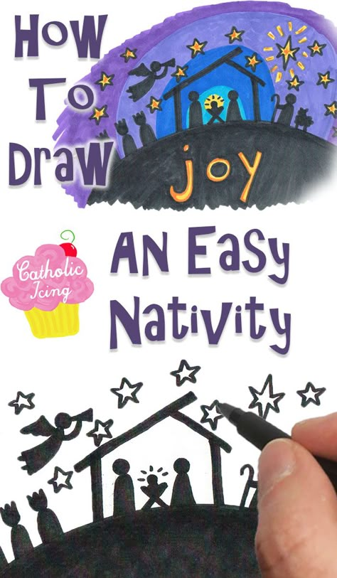 This free how to draw an easy nativity video is so easy to follow along with! This is the perfect nativity activity for your kids this season. #jesusisthereason #nativity #howtodraw #christmas #keepchristinchristmas #christianchristmas #cahtolicchristmas #reasonfortheseason #kidnativity #nativityforkids Nativity Canvas Painting For Kids, Easy Nativity Painting For Kids, Nativity Drawing For Kids, Baby Jesus Art For Kids, Diy Christmas Cards Nativity, How To Draw A Nativity Scene, Christmas Nativity Art Projects For Kids, Nativity Directed Drawing For Kids, Nativity Art Projects For Elementary