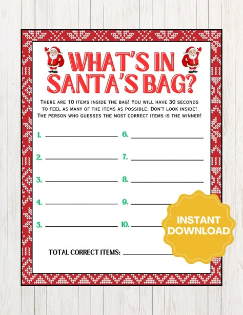 What's In Santa's Bag Printable Christmas Game - Digital Download Host the ultimate Christmas party with this fun game "What's In Santa's Bag". This game is designed to bring joy and fun to your holiday parties! This Santa's Bag game is a much-needed addition to your party or get-together. Instantly download and print the game, allowing you to spend more time enjoying the holidays with your friends and family! There's no need to wait for a product to arrive in the mail; this is an instant, digital download! What's Included Inside: 🎄What's In Santa's Bag Game 🎄Two Sizes! Play your favorite or play both versions! How to Download: To access your digital files from your account: 1) When logged into Etsy, click "Your Account" 2) Click "Purchases" 3) Click "Download Files" - You may need to re Santa Games For Adults, Large Family Christmas Games, Christmas Party Kids Activities, Pass The Prize Game, Ultimate Christmas Party, Fun Family Christmas Games, Game Challenges, Fun Holiday Games, Christmas Party Planning