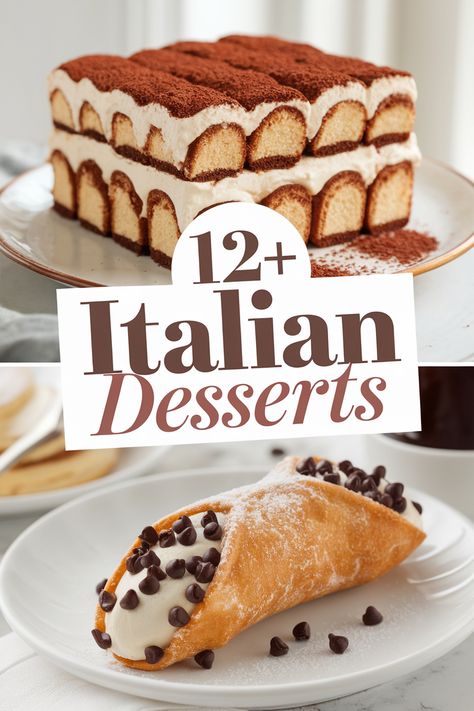 Sweeten your day with these Italian desserts that will make your taste buds dance! From creamy tiramisu to fruity cannoli and rich panna cotta each treat is a delightful journey. Perfect for parties or a special evening these delicious recipes are sure to bring smiles and joy to every bite! Desserts With Italian Dinner, Authentic Italian Dessert Recipes, Dessert Plate Presentation, Classic Dessert Recipes, Easy Italian Dessert Recipes, Italian Desserts For A Crowd, Volauvent Recipes, Italian Pastry Recipes, Italian Creme Cake