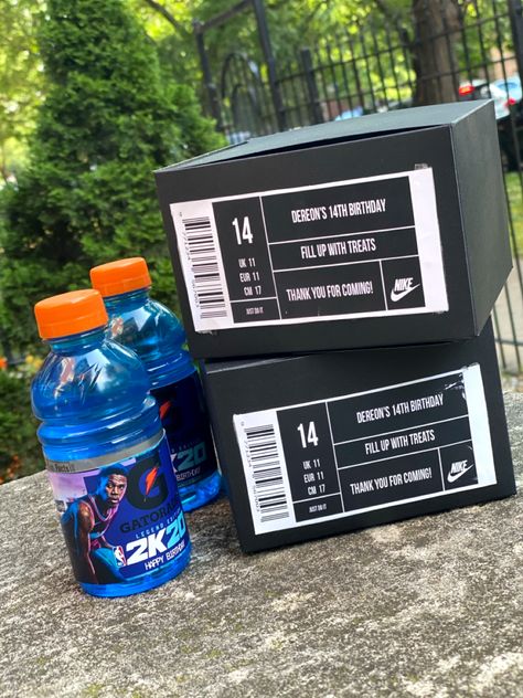 Nike shoe box treat box and NBA 2K20 themed Gatorade bottles Nike Box Party Favor, Nike Party Favor Boxes, Nba 2k Birthday Party, Nike Treat Boxes, Nike Shoe Box Party Favor, Nike Theme Party Birthdays, Nike Themed Party Ideas, Nike Birthday Party Ideas, Mall Birthday Party