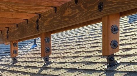 Pin on Home ideas Diy Overhang Roof, Deck Roofs Attached To House, Sloped Patio Roof, Diy Gable Porch Roof, Extended Roof Over Deck, Roof Mounted Patio Cover, Adding A Pergola To A Deck, Roof Riser Brackets, Lean To Roof Over Deck