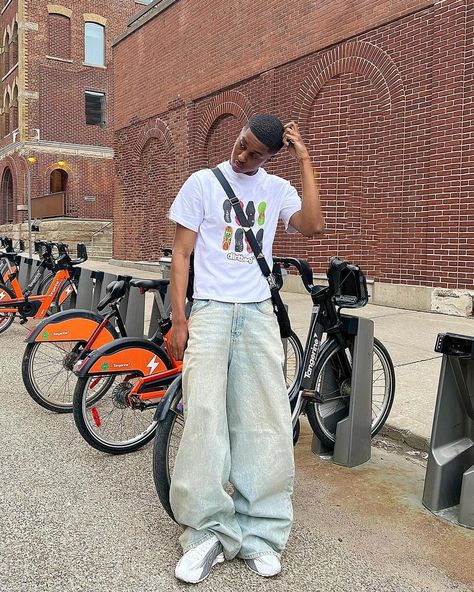 Today’s Inspo Featuring: white tees and some sneakers. #highstreetvision White Tee Outfit Mens, Jeans On Jeans Outfit, Tee Outfit Ideas, White Tee Outfit, Purple Place, White Tees Outfit, Hard Fits, Drip Style, Men Poses