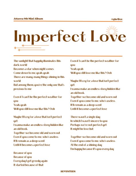 Imperfect Love Seventeen, To You Seventeen, Seventeen Fanchant, Seventeen Playlist, Svt Lyrics, Svt Songs, Seventeen Songs, Seventeen Wallpaper Kpop, Seventeen Pics