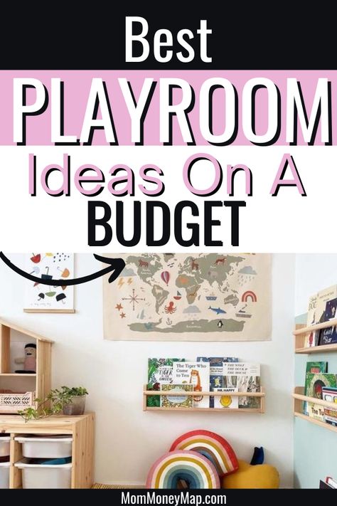 Want to decorate and design your kid's playroom but on a budget? That's possible! Here are some frugal living tips on how to design a beautiful & fun kids' playroom that won't break your bank! Here are inexpensive playroom ideas including furniture and storage tips. Clever Playroom Ideas, Playroom With Kitchen, Boys Playroom Ideas Older, Older Kids Playroom Ideas, Playroom Ideas On A Budget, Best Playroom, Playroom Interior, Small Kids Playrooms, Simple Playroom